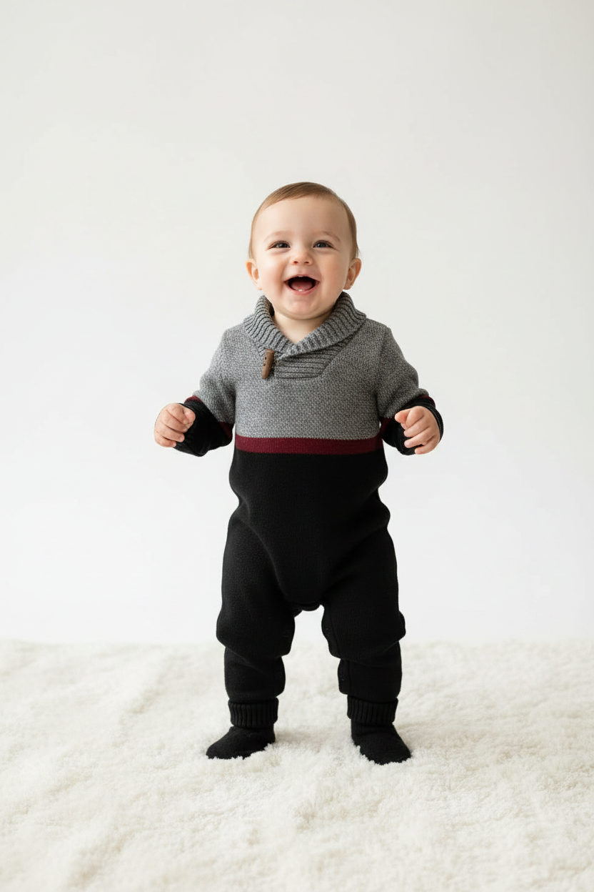 Baby Boy Sweater Knit Coverall Set with Booties - Gray Red Black
