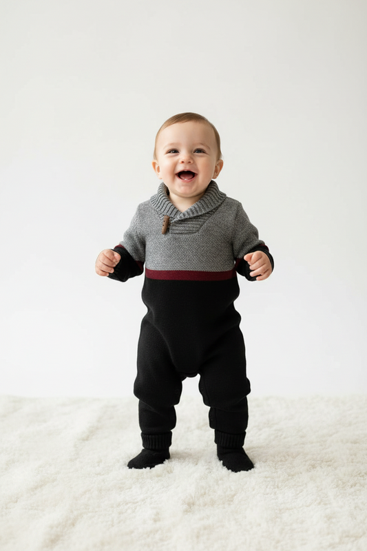 Baby Boy Sweater Knit Coverall Set with Booties - Gray Red Black