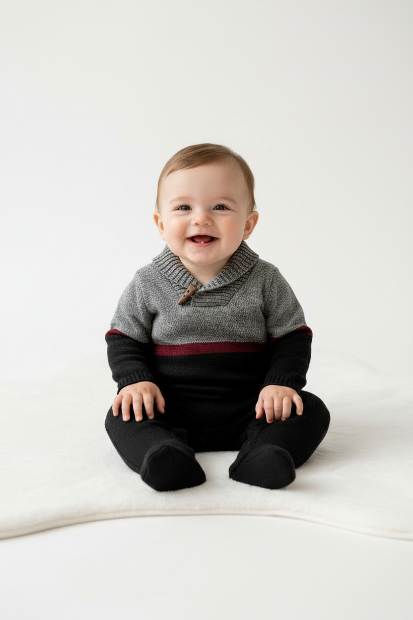 Baby Boy Sweater Knit Coverall Set with Booties - Gray Red Black