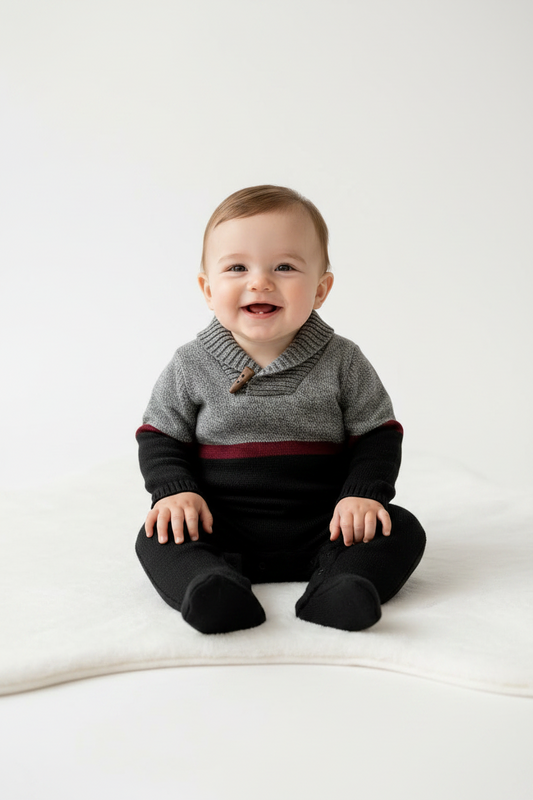 Baby Boy Sweater Knit Coverall Set with Booties - Gray Red Black