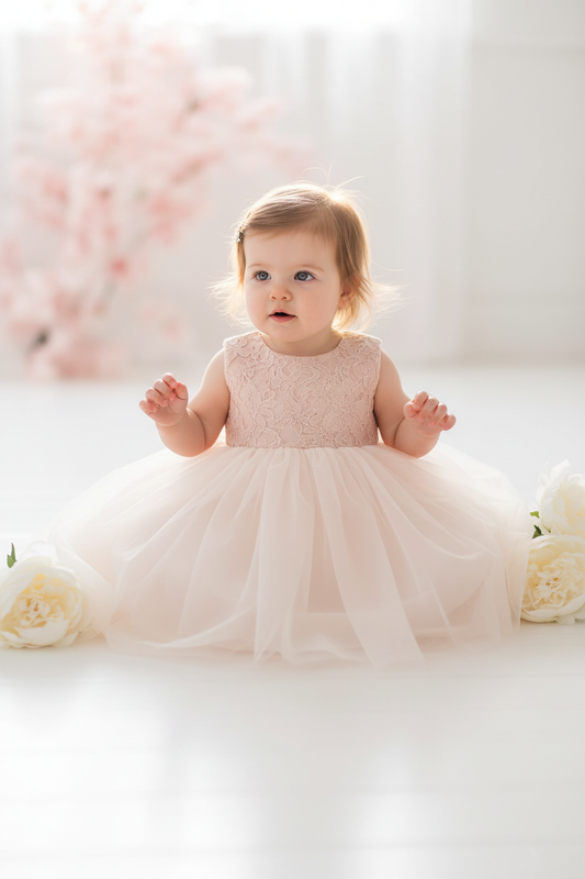 Baby Girl Blush Lace Tulle Dress - Lifestyle