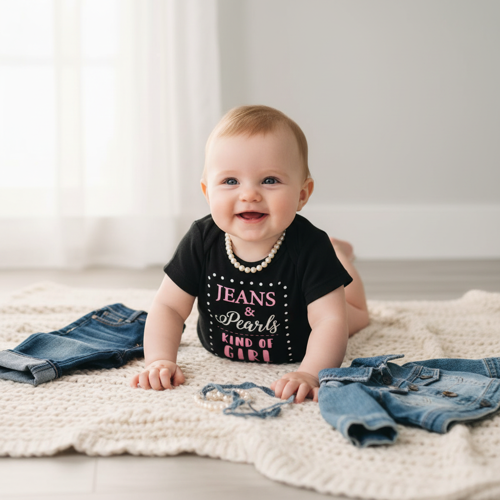 Baby girl wearing black "Jeans & Pearls Kind of Girl" onesie with pink and white text, styled with faux pearls and denim on white blanket