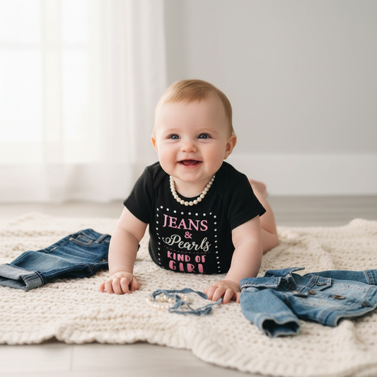 Baby girl wearing black "Jeans & Pearls Kind of Girl" onesie with pink and white text, styled with faux pearls and denim on white blanket