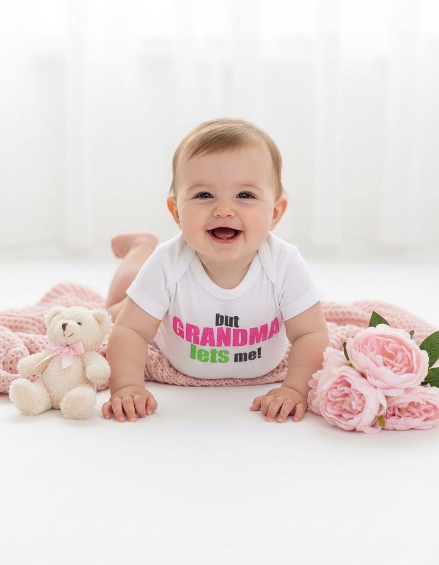 Happy baby girl wearing But Grandma Lets Me white onesie with pink lettering, sitting with soft pink blanket and props