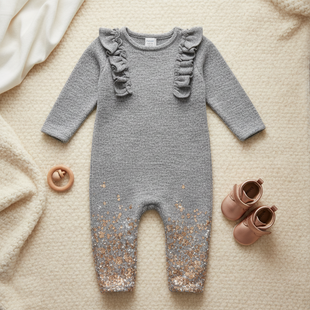 Baby girls' heathered gray sweater coverall with gold glitter accents styled on neutral background