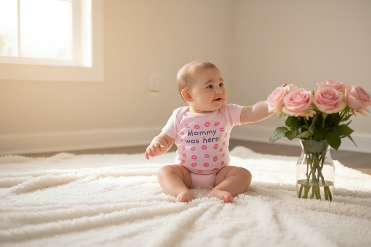 Baby wearing pink "Mommy was here!" onesie with kiss prints sitting on white blanket reaching toward pink roses
