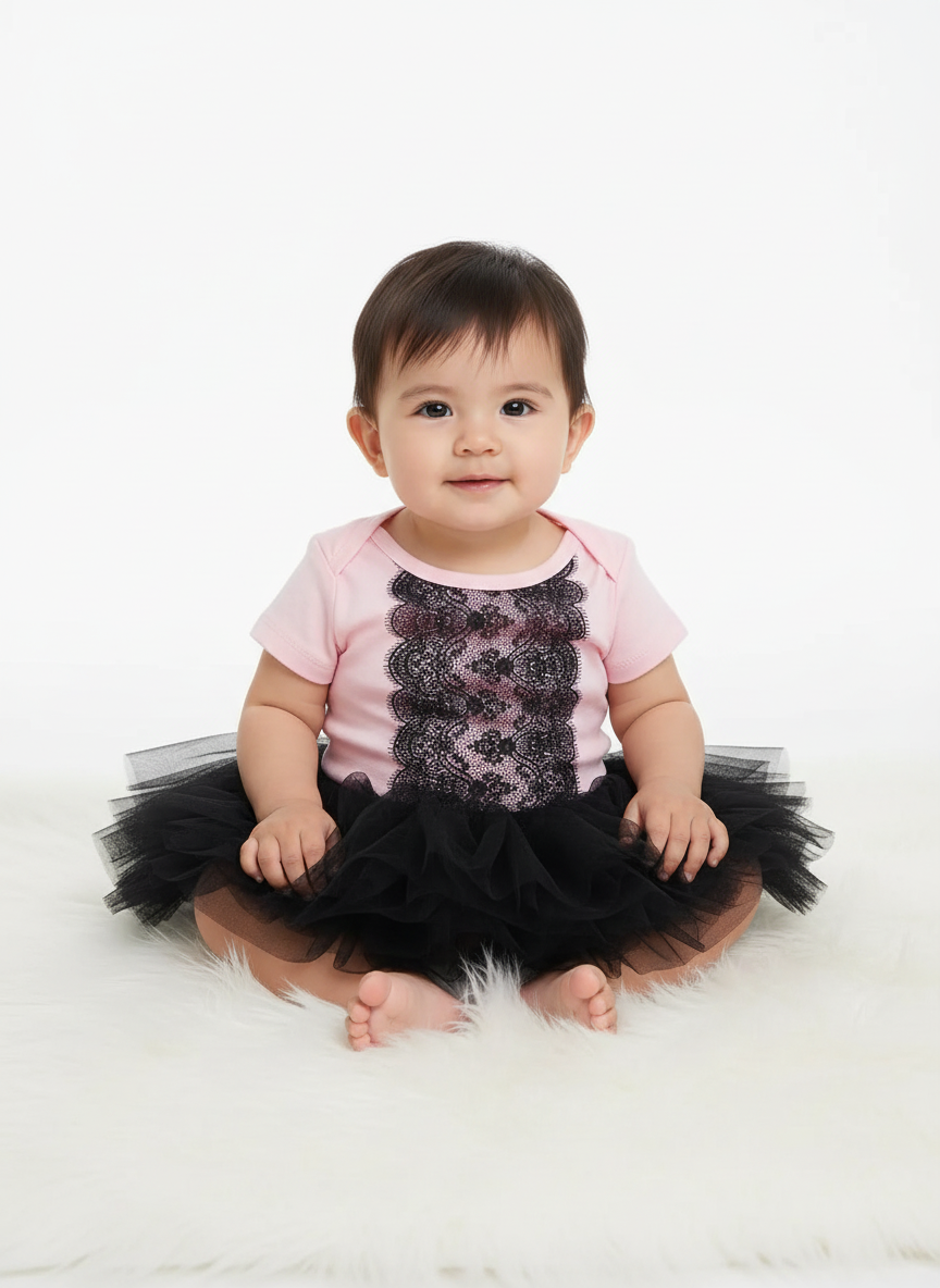 Baby girl sitting on white fur surface wearing pink onesie tutu dress with black lace panel and black tulle skirt on white background
