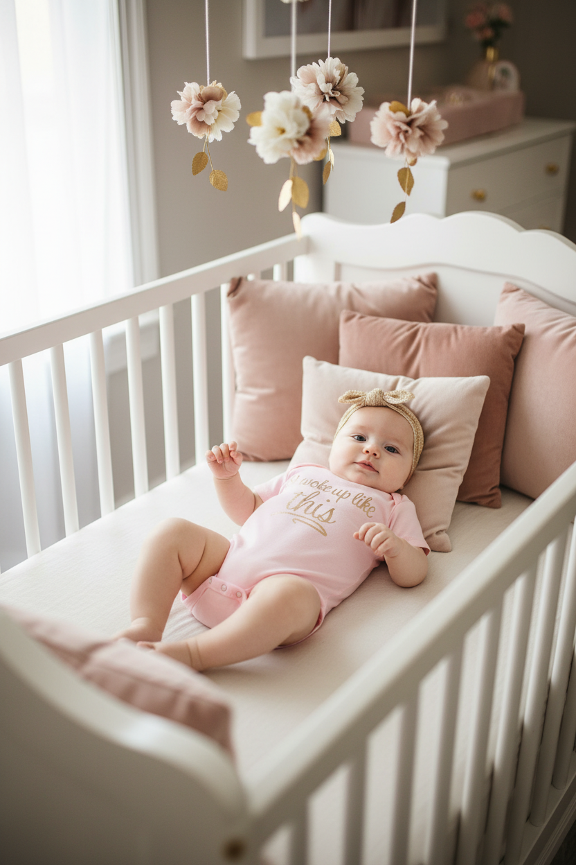 Baby in pink onesie lying in designer crib with luxury bedding and floral mobile