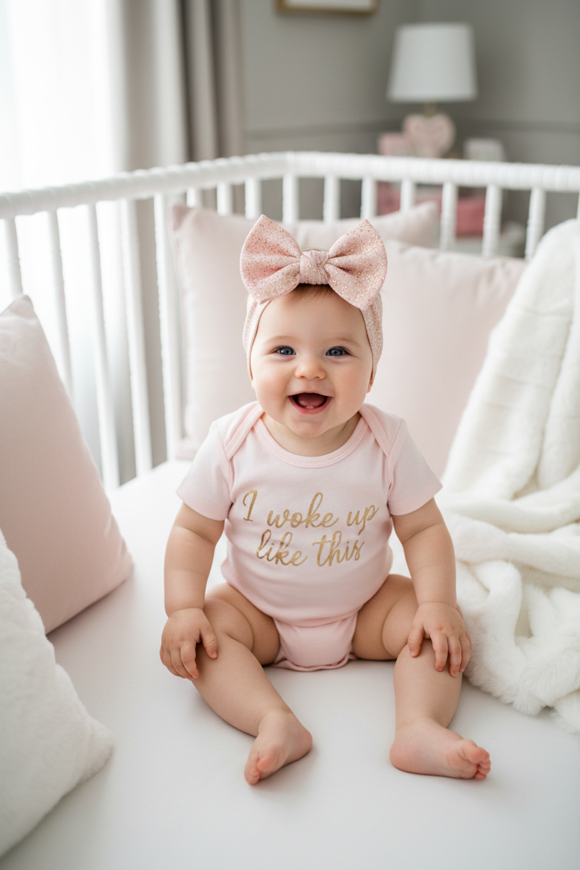 Baby in pink onesie with gold headband sitting in modern white crib with plush bedding