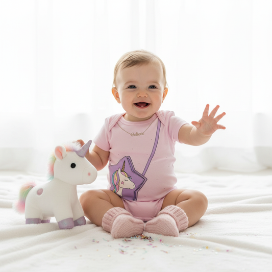 Baby girl wearing pink Sara Kety unicorn bag onesie sitting on white fluffy blanket with plush unicorn toy and pastel confetti


