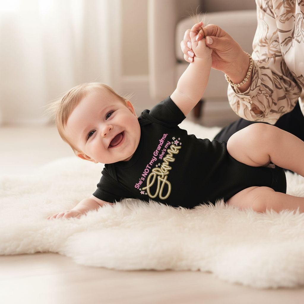 Baby wearing black "She's NOT my Grandma, she's my Glamma" onesie with glamorous grandmother on white blanket