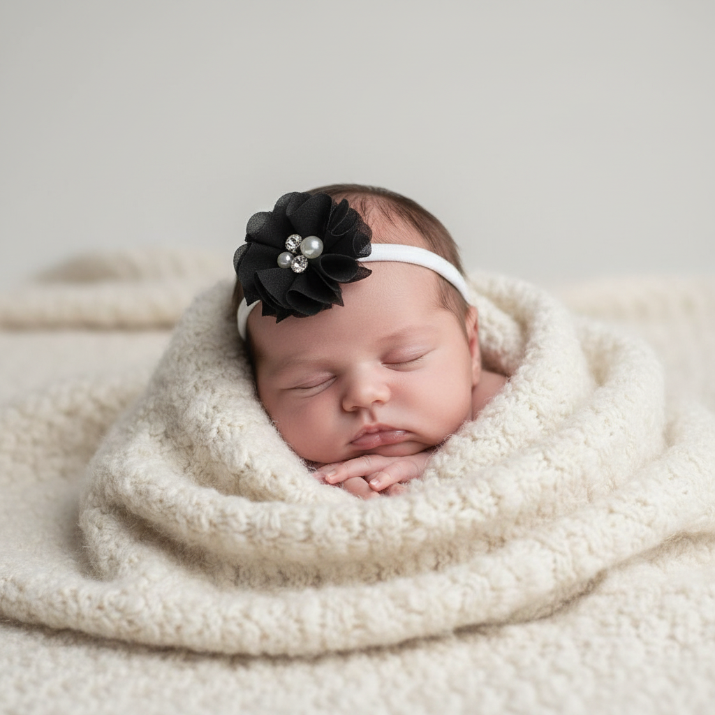 Baby wearing your black tulle flower headband on a soft blanket with neutral tones