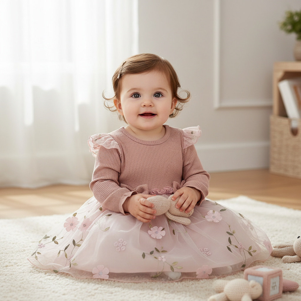 Baby girl wearing dusty rose pink ribbed knit dress with flutter sleeves and floral embroidered tulle skirt