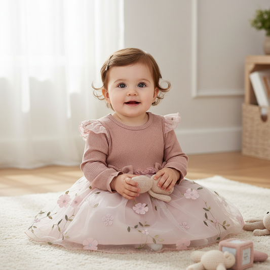 Baby girl wearing dusty rose pink ribbed knit dress with flutter sleeves and floral embroidered tulle skirt