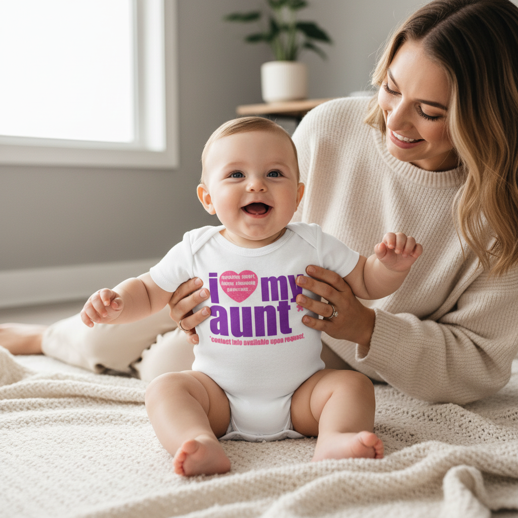 Baby wearing white "I Love My Aunt" onesie with purple text and pink heart, sitting with aunt in warm natural lighting