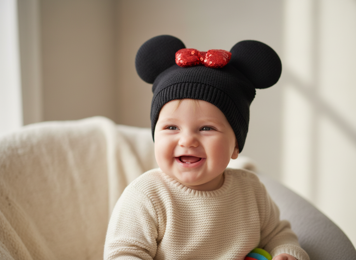 Baby wearing the adorable Minnie beanie in a natural, editorial-style setting with soft lighting