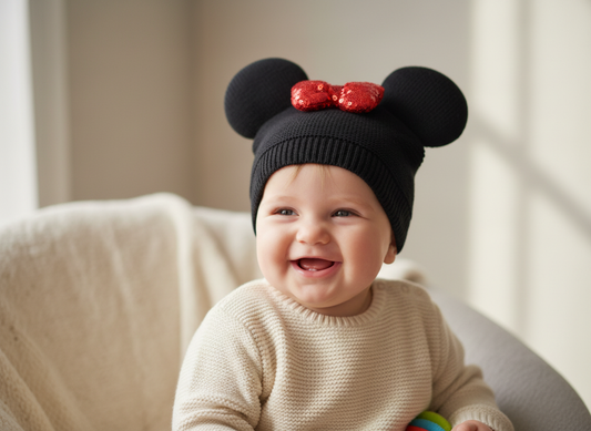 Baby wearing the adorable Minnie beanie in a natural, editorial-style setting with soft lighting