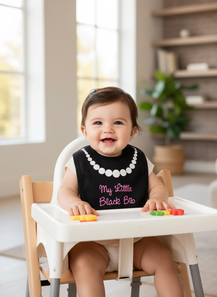 Happy baby wearing black My Little Black Bib with white pearl necklace and pink glitter text in modern high chair