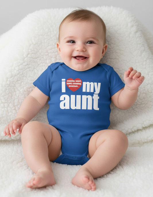 Baby wearing royal blue "I Love My Aunt" onesie with red heart design