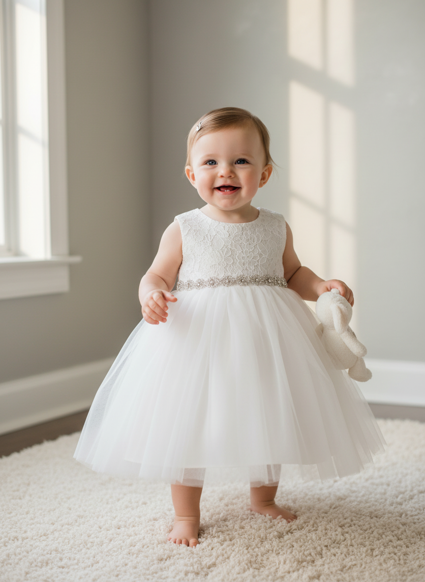 Baby girl wearing white empire waist lace tulle dress with high rhinestone waist detail and flowing tulle skirt