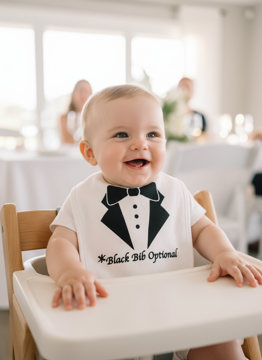 Happy baby wearing white Black Bib Optional tuxedo bib with black bow tie design at baby shower celebration with pastel decorations and balloons