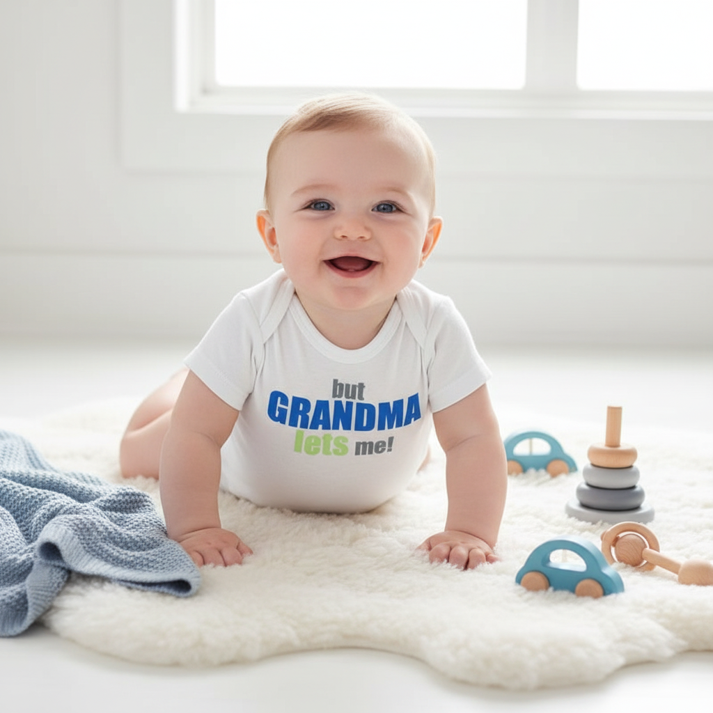 Baby boy wearing white "But Grandma Lets Me!" onesie while sitting and playing with colorful toys
