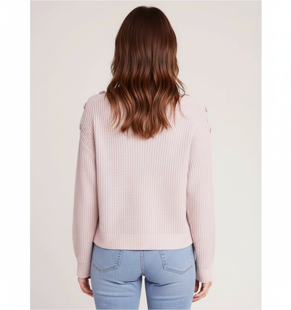 Back view of pink chenille sweater showing button embellishments on shoulders and relaxed cropped fit