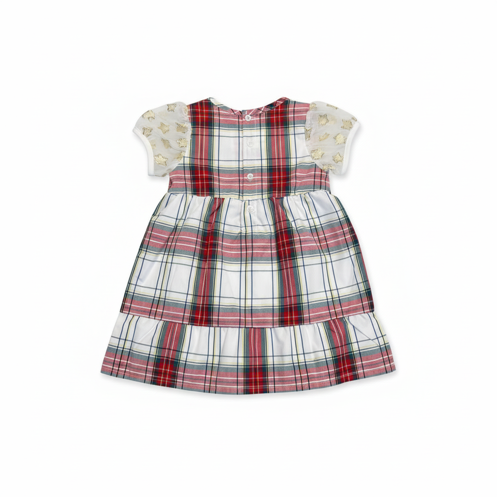Back view of plaid holiday dress showing button closure, collar detail, and tiered skirt construction