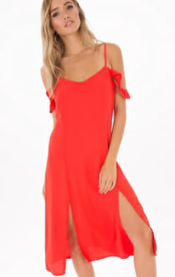 Ruffle Cold Shoulder Slip Dress – Poppy Red