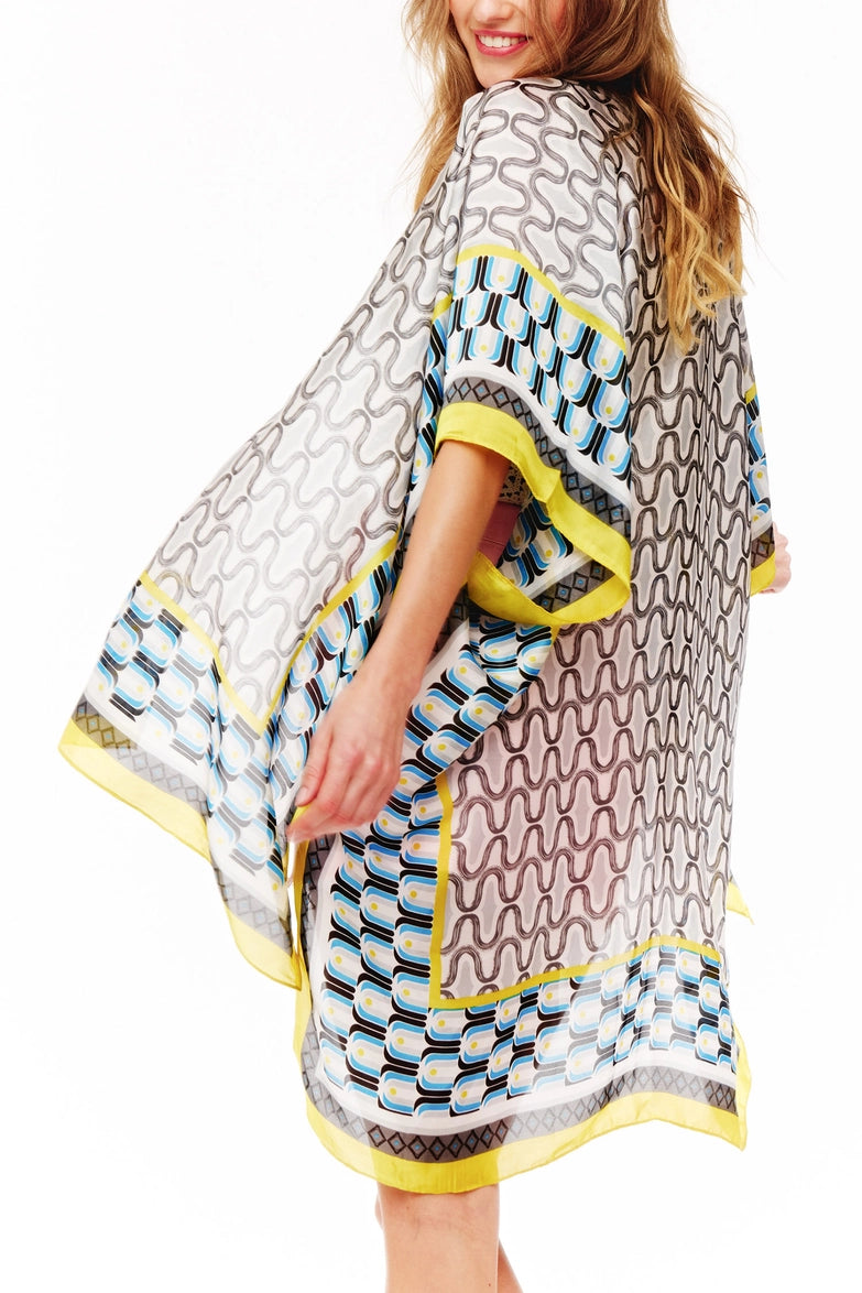 Abstract Geo Print Kimono Cover-Up with Contrast Trim