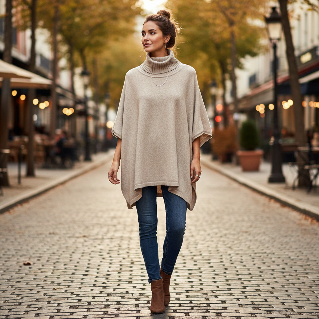 Beige turtleneck poncho lifestyle