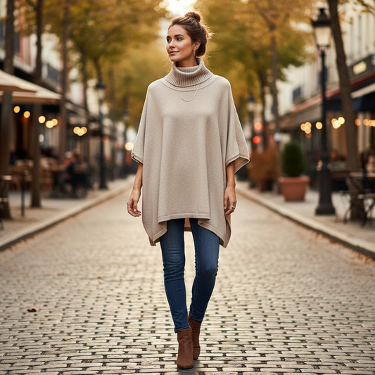 Beige turtleneck poncho lifestyle