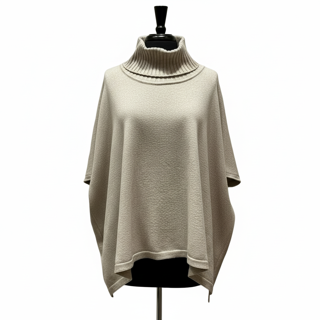 Oatmeal beige turtleneck poncho front view on dress form with luxury editorial studio lighting