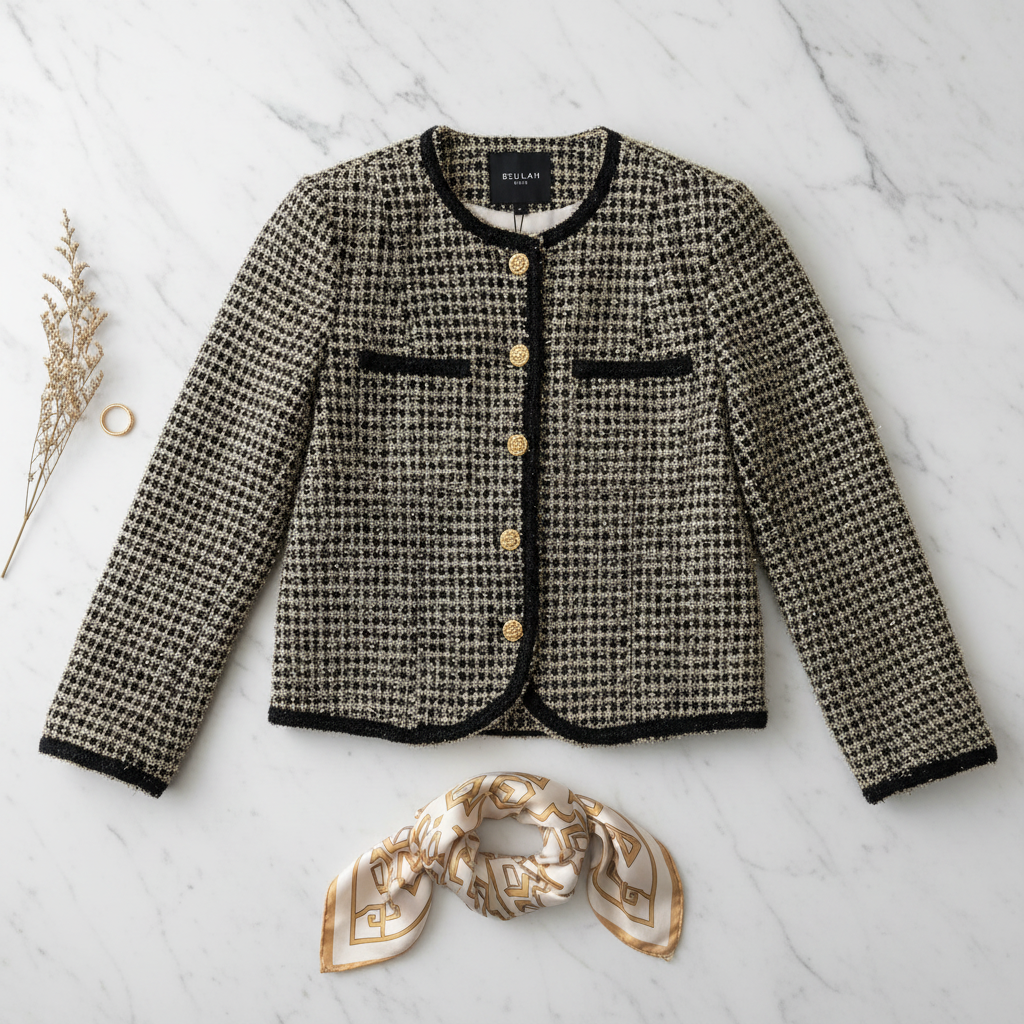 Black and gold lurex boucle tweed blazer flat lay on marble surface showing gold knot buttons and black trim