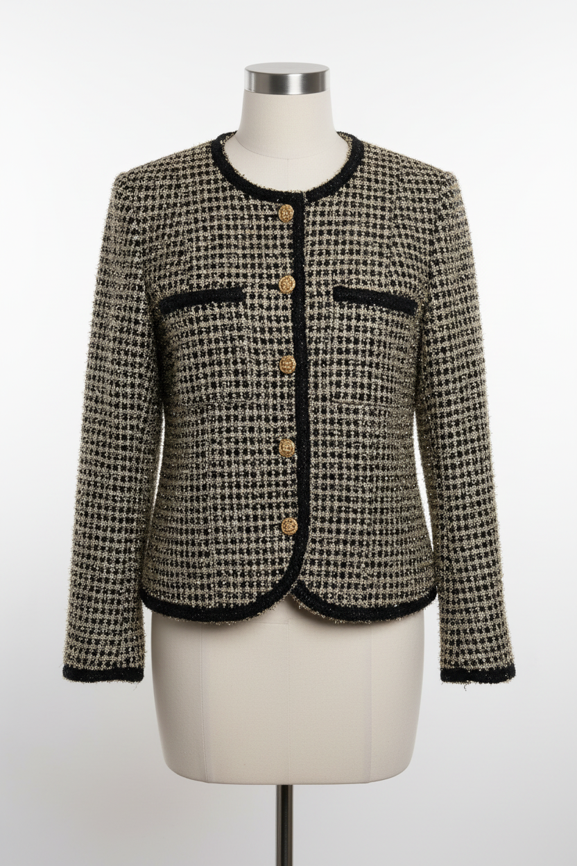 Black and gold lurex tweed blazer on dress form showing collarless neckline, gold knot buttons and patch pockets – Beulah boucle jacket for women