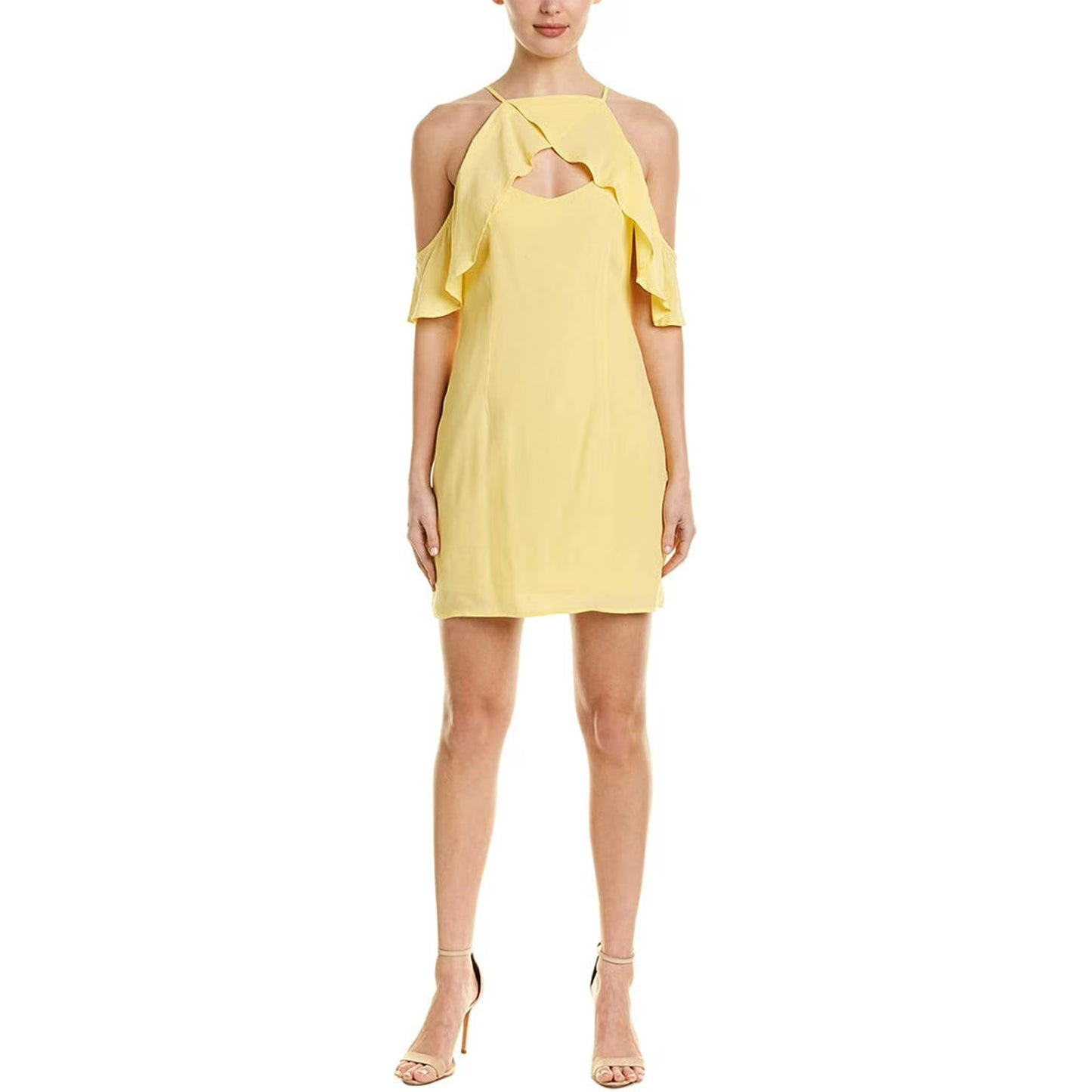 Citrus Yellow Cold-Shoulder Ruffle Mini Dress with Keyhole Cut-Out