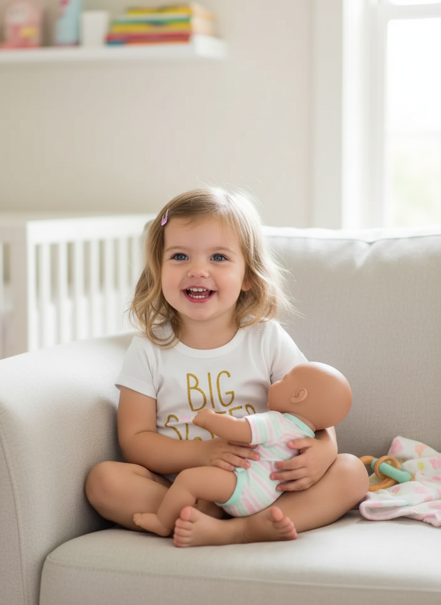 Toddler girl wearing white Big Sister t-shirt with gold glitter letters in bright home setting looking happy and excited