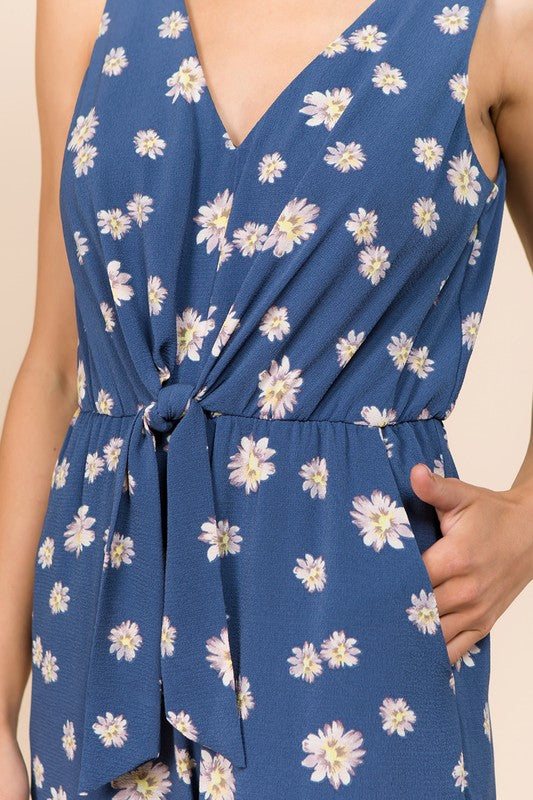 Navy Daisy Print Surplice Tie-Front Wide-Leg Jumpsuit