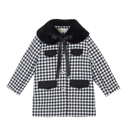 Girls' Faux Fur Collar Houndstooth Coat