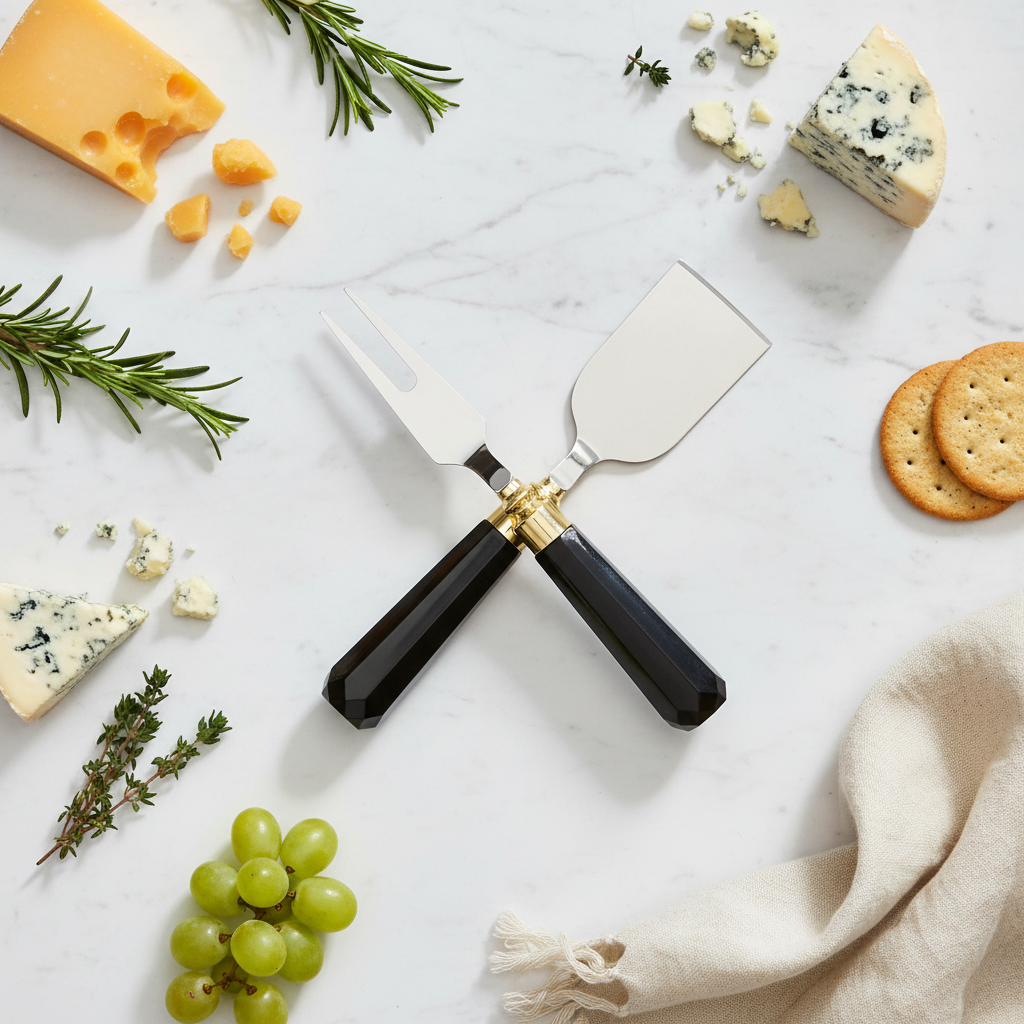 Black and gold cheese knives flat lay with cheese and herbs