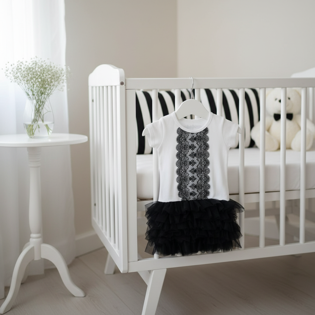 White onesie with black lace detail and black tutu skirt hanging on white padded hanger on crib rail in elegant black and white nursery with striped pillows and teddy bear
