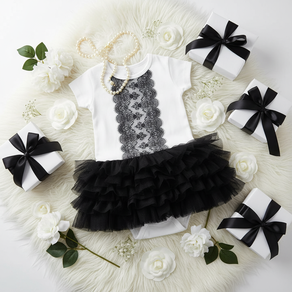 White baby onesie with black lace panel and black ruffled tulle tutu skirt on white fur rug with pearl accessories, black ribbon gift boxes, and white flowers
