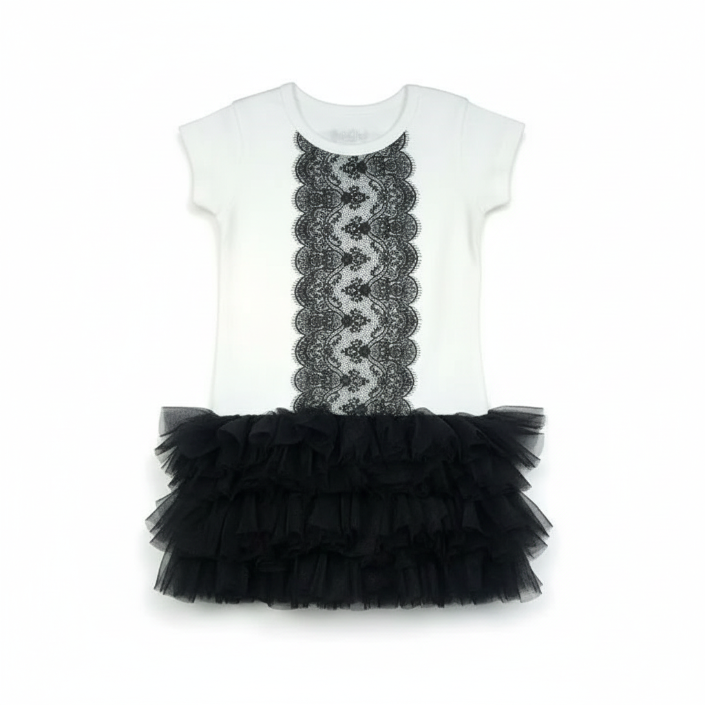 White baby onesie with black lace panel and black ruffled tulle skirt on white background with professional studio lighting
