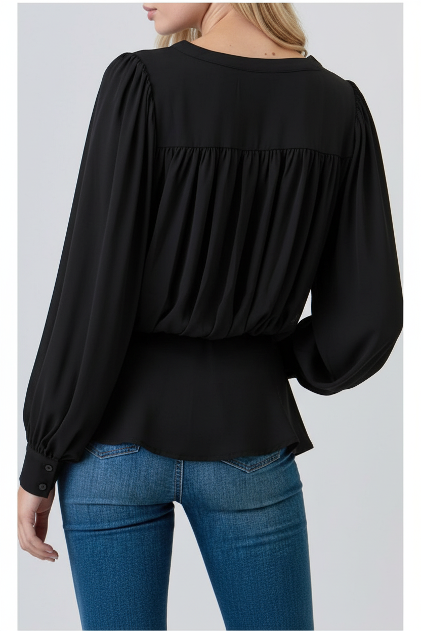 Black Balloon Sleeve Peplum Blouse - Back