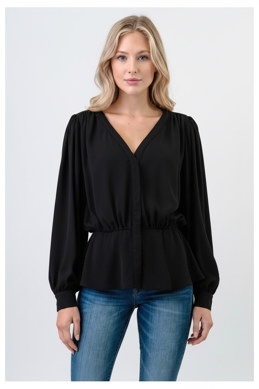 Black Balloon Sleeve Peplum Blouse - Hero