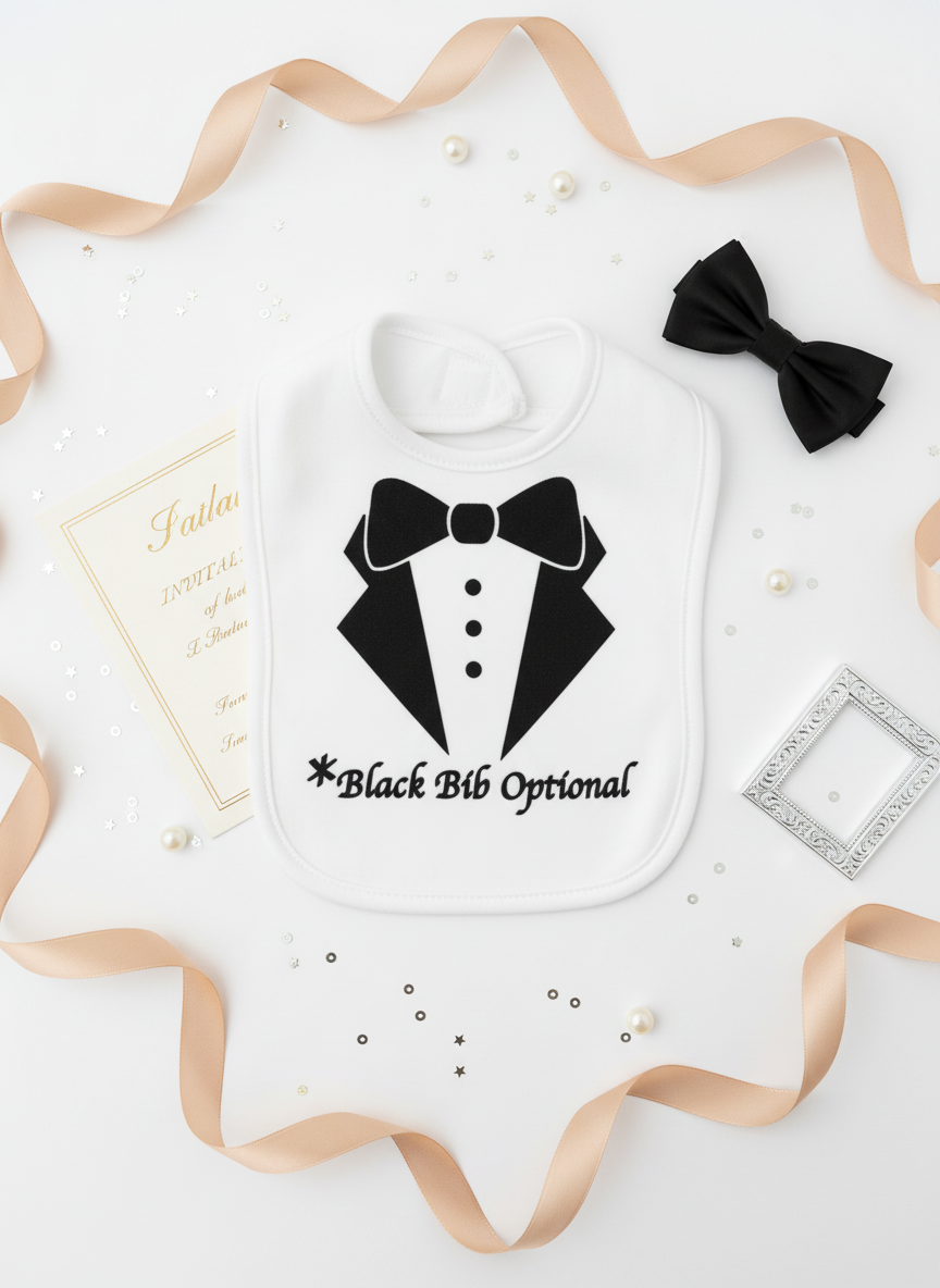 Black Bib Optional tuxedo bib flat lay with elegant props