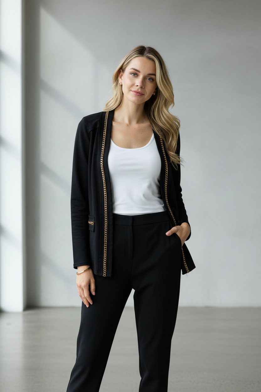 Black cardigan jacket with gold chain trim over white tank top minimalist lifestyle photography - chic layering piece