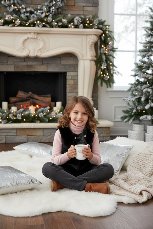 Young girl wearing black faux fur vest with gold buttons in winter setting - girls winter layering piece lifestyle photography