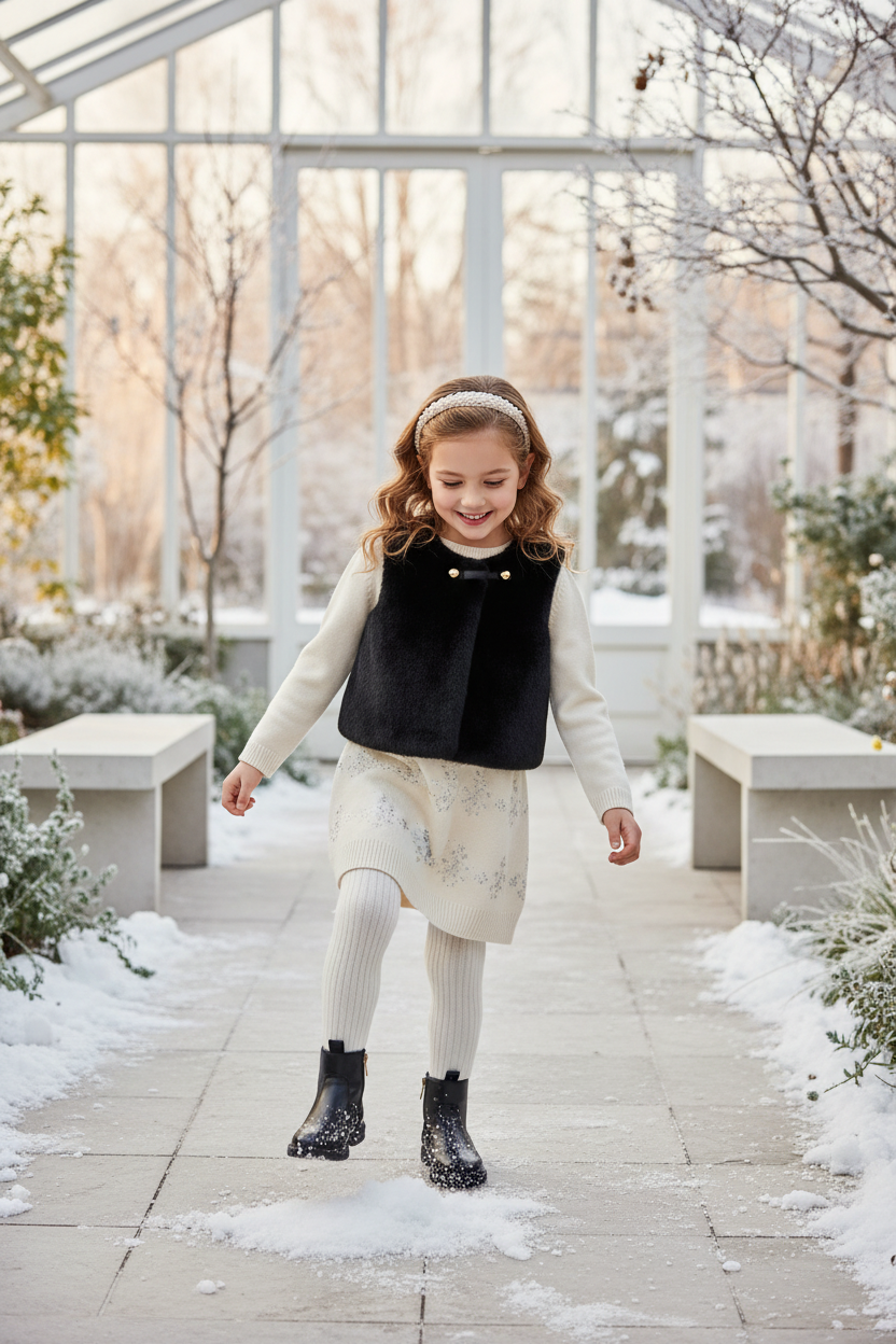 Young girl in black faux fur vest with gold button detail winter lifestyle - elegant girls winter vest photography