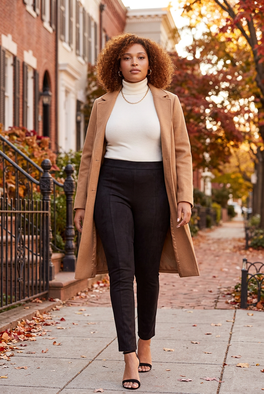 A woman walking on a city sidewalk wearing a camel trench coat over a white mock neck top and black pants, with autumn trees and brick buildings in the background.